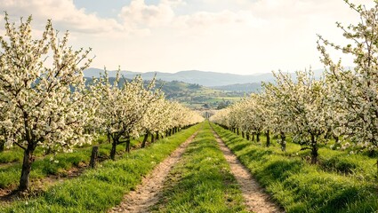 Naklejka premium Explore a serene ancient orchard in full bloom with blossoming fruit trees winding paths and pastel skies overlooking rolling hills