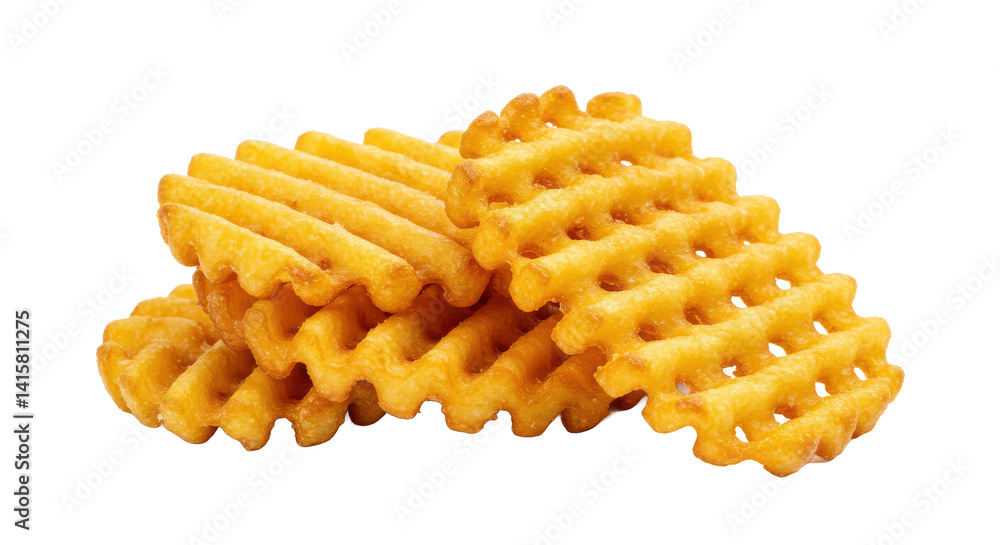 Poster a close up shot of a stack of golden waffle fries on a black background in a studio setting