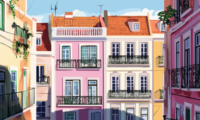 Fototapeta premium illustration of view to street the facade of old houses in lisbon