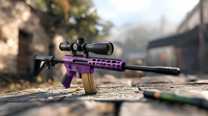 Purple Rifle With Scope On Rocks In Abandoned Area