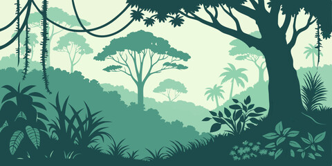 Jungle landscape. Layered background with rainforest. Parallax effect. Horizontal blue panoramic backdrop with lianas, palms, trees and bushes