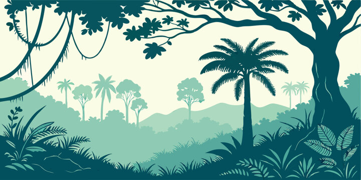 Jungle landscape. Layered background with rainforest. Parallax effect. Horizontal blue panoramic backdrop with lianas, palms, trees and bushes