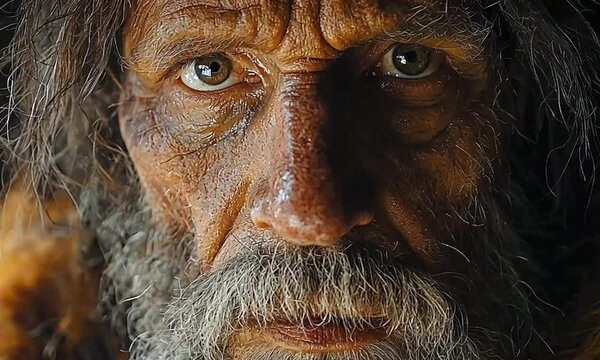 Close-up portrait of a weathered ancient man.