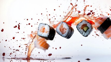 Flying Sushi Rolls with Soy Sauce Splash