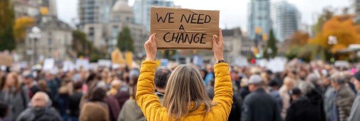 A large crowd of protestors holding signs in the city