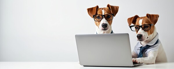 Two Jack Russell terriers wearing glasses and ties work with laptop on white background. Dogs dressed as business professionals. Smart pets use computer, browse, typing. Fun, funny office scene.