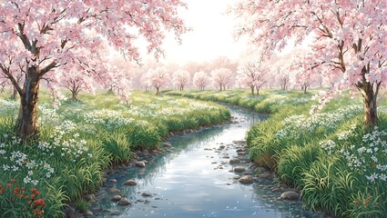 Tranquil stream meandering through a blossoming meadow with cherry blossom trees under the gentle glow of dawn