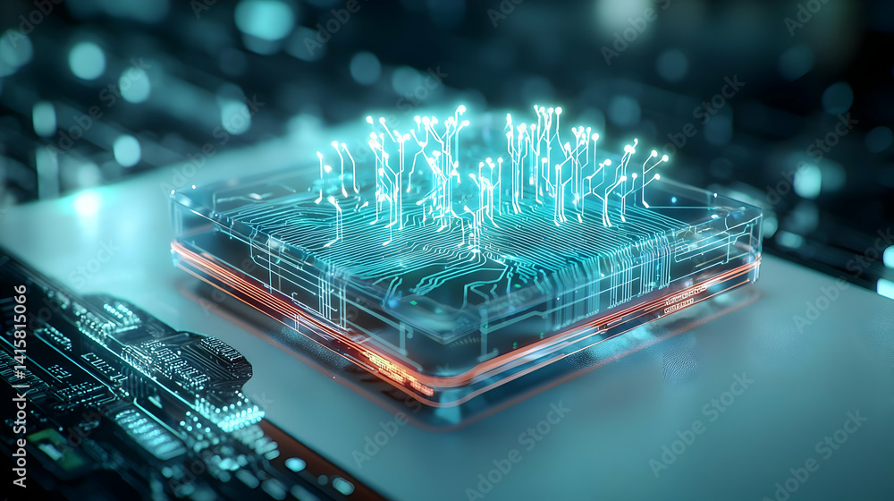 Fototapete advanced transparent circuit board with glowing lines