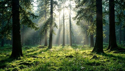 Tranquil forest clearing at dawn sunlight streaming through ancient trees onto mossy ground with wildflowers capturing serene beauty