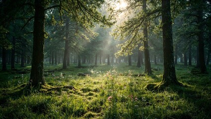 Tranquil forest clearing at dawn sunlight streaming through ancient trees onto mossy ground with wildflowers capturing serene beauty