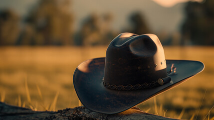 Lone Cowboy Hat at Sunset: A Symbol of the American West, Rustic Western Apparel,  Sun-Drenched Field,  Vintage Cowboy Hat on Weathered Wood, Golden Hour Photography,  Authentic Western Style,