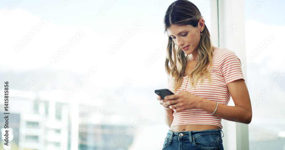 Poster woman, phone and typing in home with relax, social media and message in texting app. female person, 