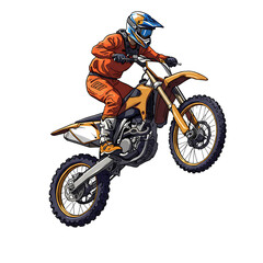2D drawing pen style illustration of a motocross rider performing a jump on a dirt bike, isolated on transparent background. Perfect for extreme sports or motorsport-themed designs