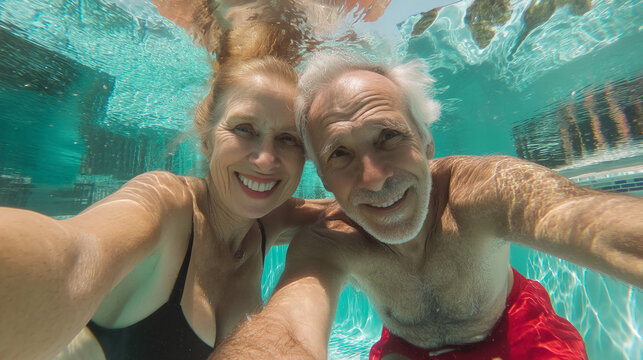 Underwater selfie of a senior couple smiling in a swimming pool, showcasing happiness and active retirement, symbolizing love and joyful togetherness