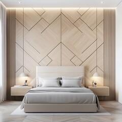art deco bedroom, geometric wall panels, symmetry, neutral tones, soft ambient light, refined atmosphere, compact space