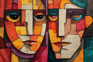 Woman and man couple in an abstract cubist or cubism style painting