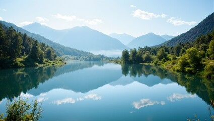 Fototapeta premium Tranquil morning scene at a serene lake surrounded by lush forests and distant mountains under a clear sky