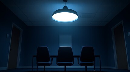 Dark room, three chairs, single light