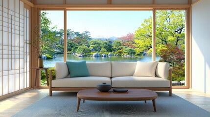 Fototapeta premium Compact japandi living room, full composition with cream sofa, soft gray turquoise rug, wooden low table, calm pond view from window
