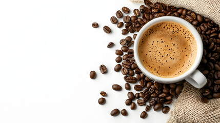 Obraz premium A white coffee cup with a brown foam on top of it. The coffee cup is surrounded by coffee beans