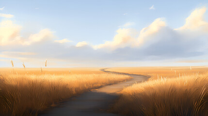
The background shows vast open fields with tall dry grass with a craft road. The sky is soft blue with diffuse clouds, bathed in warm, golden light. The artistic style is semi-realistic, with a paint