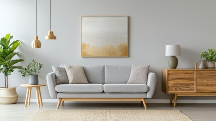 Fototapeta premium Contemporary scandi interior, light gray sofa, wall matched flush doors, long oak console, ambient indirect lighting, full calm layout