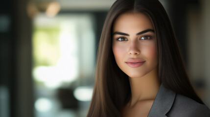 Fototapeta premium Portrait of a Confident Young Businesswoman, Professional Headshot of a Woman in her Twenties with Long Dark Hair, Stylish Gray Blazer, Successful and Ambitious Female Executive, Corporate