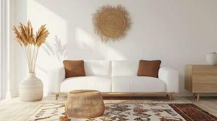 Cozy Scandi Boho lounge, wrinkled linen sofa, soft tribal rug, warm sunset light, pampas grass in vase, imperfect charm
