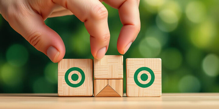 a hand assembling wooden blocks on a smooth, white surface. The blocks are arranged in a 2x3 grid, with a green target symbol, including an arrow hitting the bullseye, printed across them