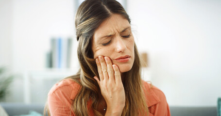 Woman, mouth and pain with toothache at house from dental cavity, tooth extraction and gum...