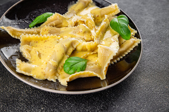 Pappardelle pasta filling main course appetizer vegetables dish fresh delicious gourmet food background on the table rustic food top view copy space  vegetarian and vegan food