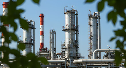 Oil Refinery Plant with Industrial Smokestacks and Pipelines Seen Through Green Leaves, Symbolizing Environmental Concerns in Energy Production