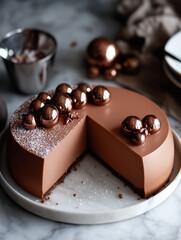 Sleek Chocolate Mousse Cake with Metallic Spheres and Powdered Sugar on Marble