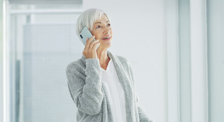 Phone call, home and happy senior woman for communication, contact and online chatting. Retirement, thinking and elderly person by window on smartphone for conversation, connection and networking