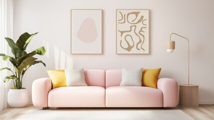 Scandinavian modern living room, dusty pink pastel sofa, minimal artwork, soft ceramic lamp glow, gentle shadows, cozy vibe