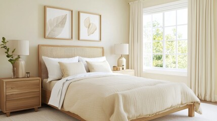 Scandinavian Boho bedroom, linen bedding, wood nightstands, soft beige tones, full room layout