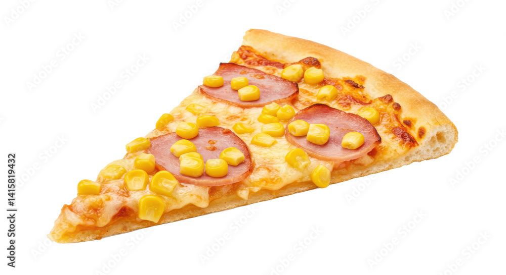 Poster a single slice of pizza with ham and corn topping on a black isolated background close up shot