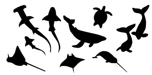 Sea Animal Silhouettes Vector Set – Whale, Shark, Turtle, Narwhal, Manta Ray, Stingray, Orca, Hammerhead, Marine Life Clipart, Ocean Creatures, Underwater Wildlife © Іра Климчук