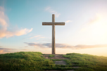 A cross standing against a sunrise sky symbolizing faith and spirituality