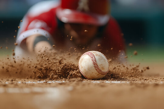 Baseball player sliding into base, surrounded by dirt. Intensity and action captured in a close-up shot of a baseball game. Sportsmanship at its finest.