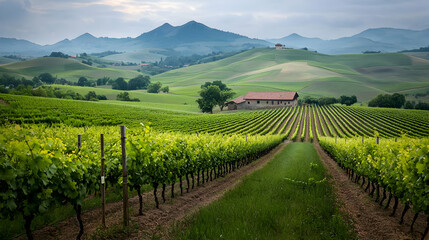 Fototapeta premium Vineyard Landscape With Rolling Hills And House In Italy