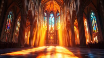 Majestic Cathedral Interior Golden Sunlight Rays Illuminating Stained Glass Windows Divine Architecture Religious Sanctuary Peaceful Spiritual        