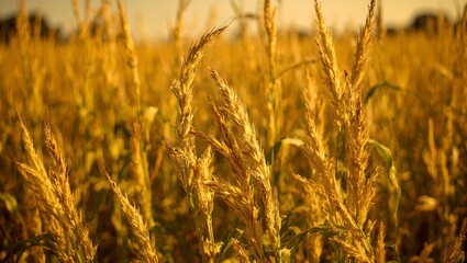 Rustic field of golden corn at peak maturity bathed in warm sunlight capturing the essence of a nostalgic countryside scene