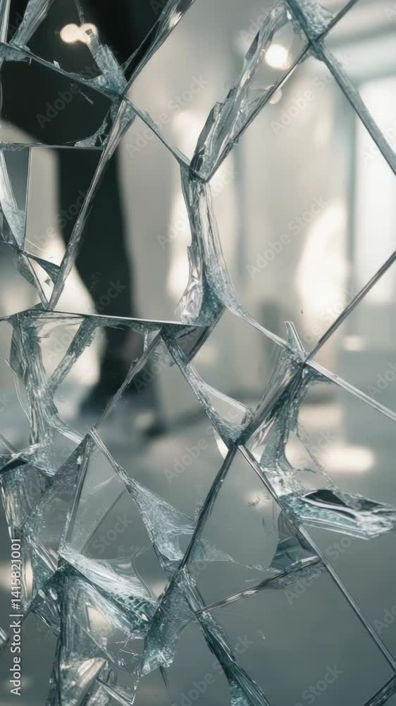 Aufkleber A broken glass window with a reflection of a building in the background.