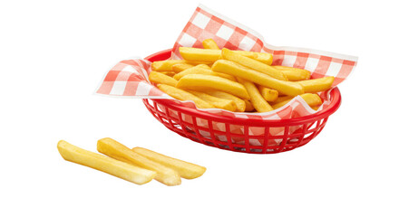 A red basket filled with french fries and a red and white checkered napkin on a black background
