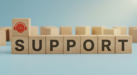 Customer support concept wooden blocks spelling SUPPORT with a headset icon Clean simple design