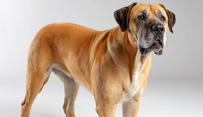 A majestic, mature fawn-colored Boerboel dog stands against a simple gray backdrop, exuding strength and a calm demeanor.
