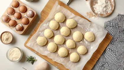 Fototapeta premium Fresh tasty buns in baking on table top view