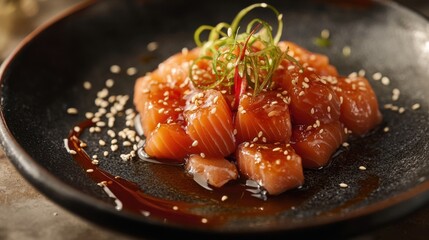 Close-up of Salmon Sashimi with Sesame Garnish
