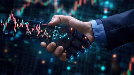 Business handshake in front of an AI-powered financial chart symbolizing future market innovation